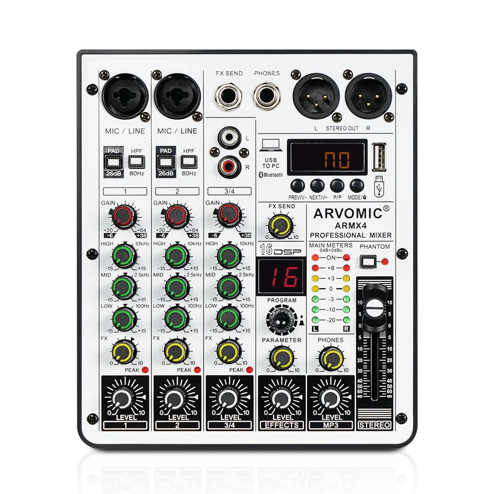 Mélangeur audio 4 canaux, table de mixage DJ avec interface audio USB, fonction Bluetooth, 16 effets