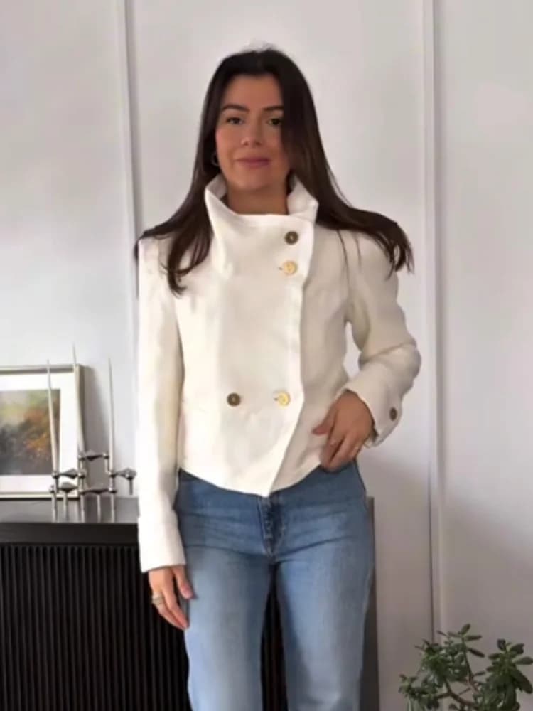 HH Femme 2026 Nouvelle Mode Manteau Court Uni à Col Montant et Double Boutonnage, Chic Vintage avec 