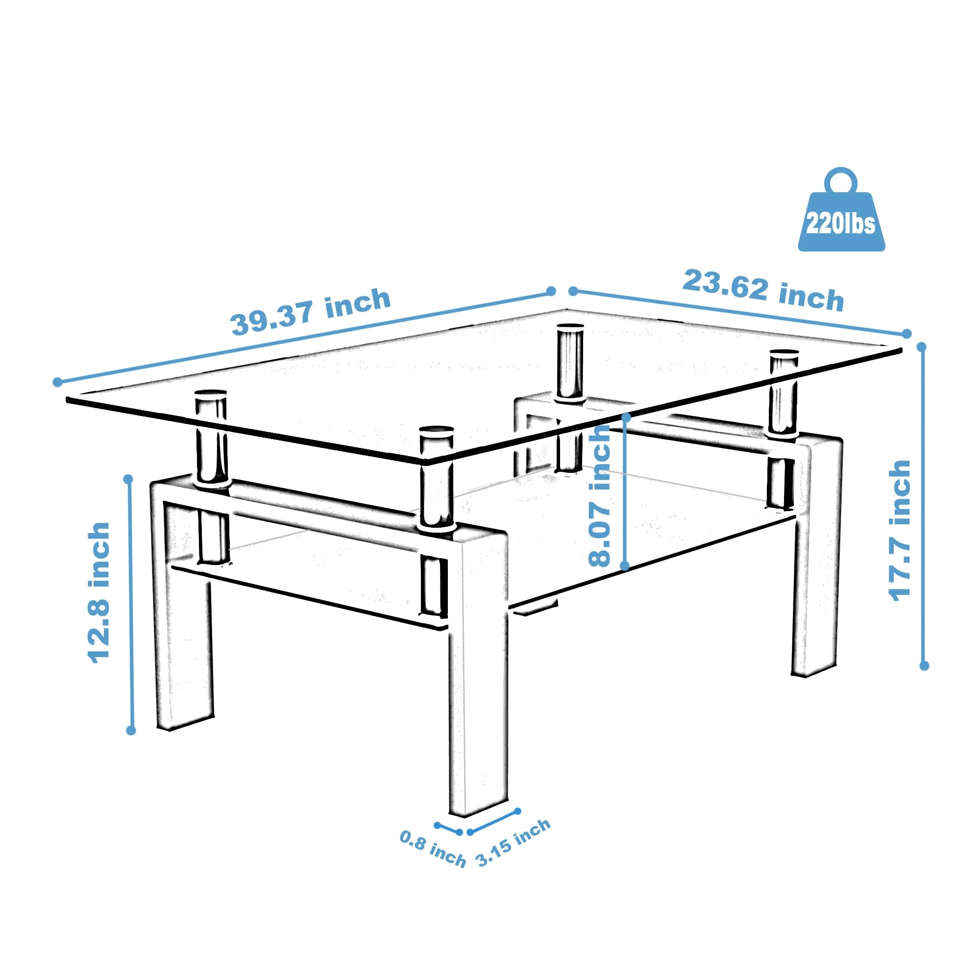 Table basse rectangulaire en verre noir, table basse transparente, tables centrales d'appoint modern