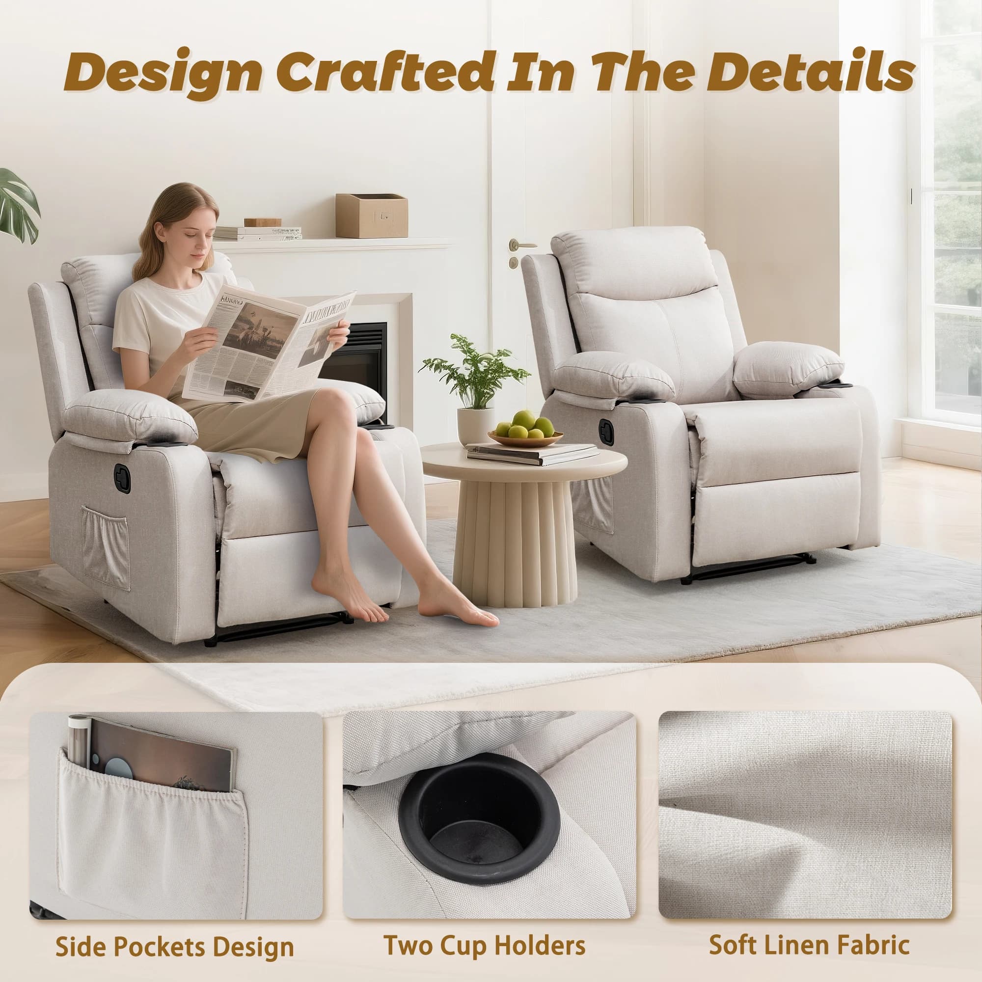 Korser Petites fauteuils inclinables pour petits espaces, chaise inclinable manuelle avec porte-gobe