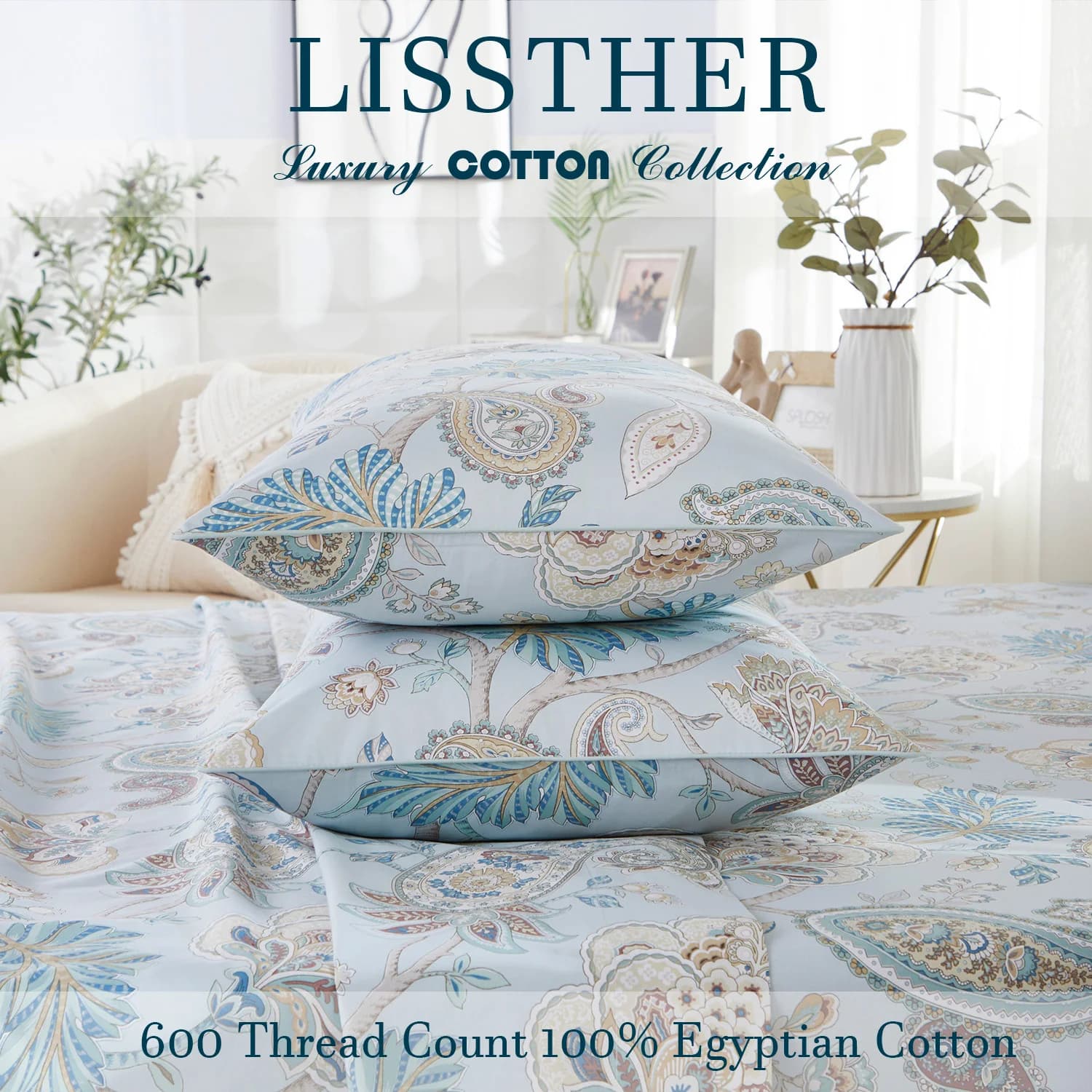Ensemble de housses de sport en coton égyptien 600 TC 100%, sans noyau, motif floral de jardin bleu 