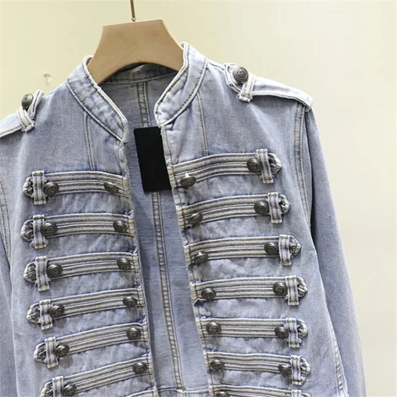 Printemps femmes col montant Double boutonnage Denim veste automne mince court jean veste noir à man