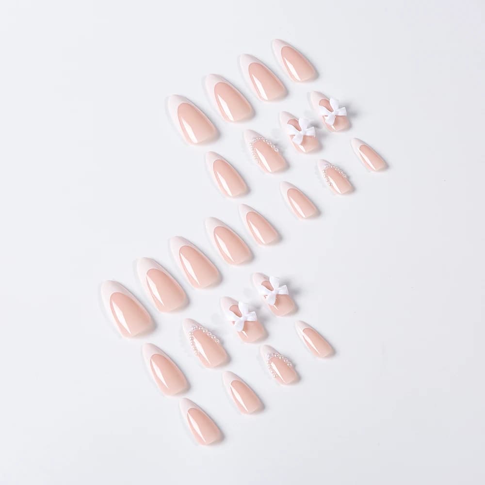 24 pièces (+ outils) perle arc nu rose presse sur ongles blanc français bout des doigts amande couve