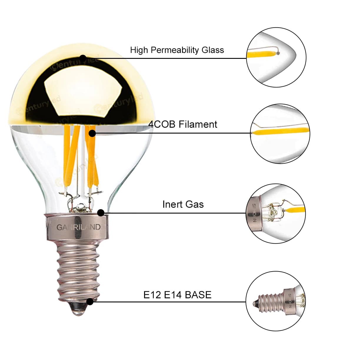 Ampoule LED Edison rétro, miroir or, E14 E12 G45 4W, lumière blanche chaude sans ombre, lampe à Fila