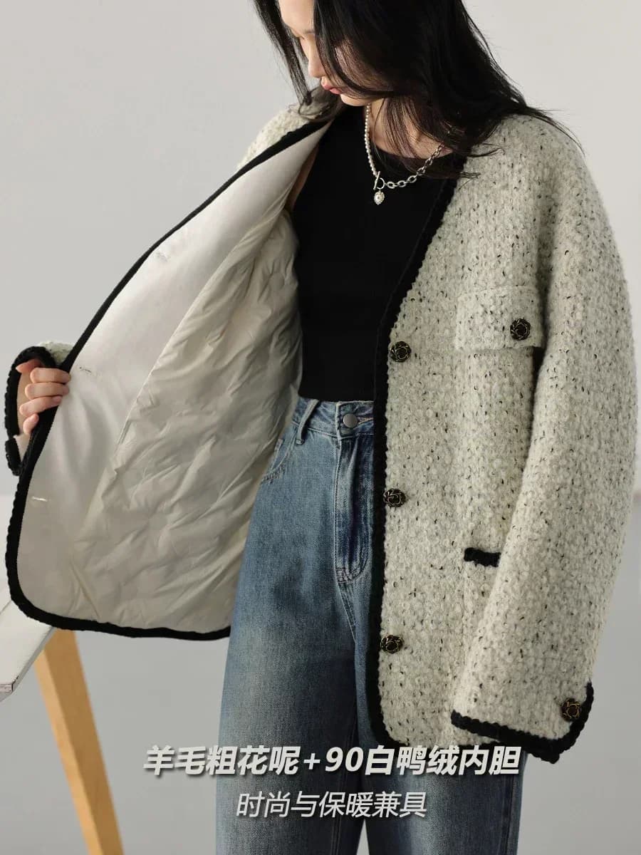 CHIC VEN-Manteau en laine vintage pour femme, veste en duvet, col en V, rapIndustry, automne, hiver,