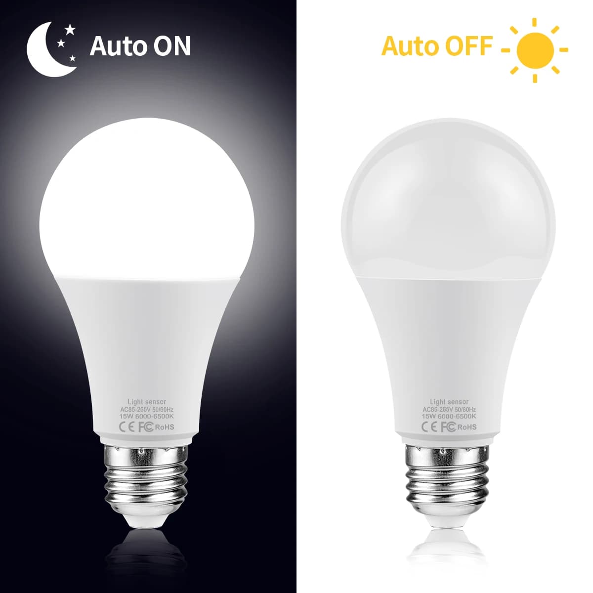 Ampoule LED avec capteur de lumière E27, 15W, crépuscule à l'aube, interrupteur marche/arrêt automat