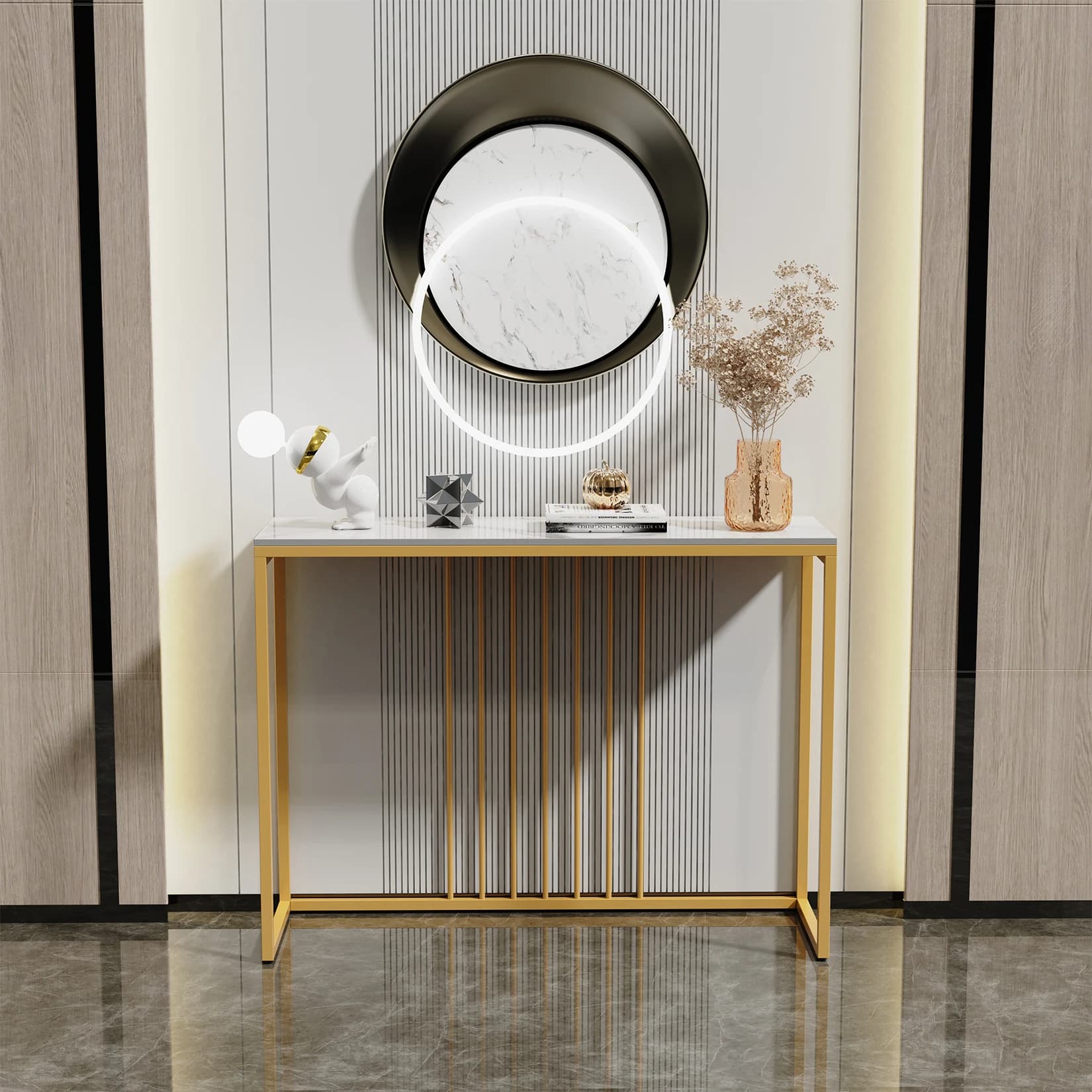 Console d'appoint moderne, Table en marbre, cadre en métal doré, présentoir de rangement, Table étro