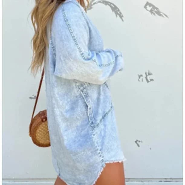 Robe chemise en denim pour femme, robe en jean, col rabattu décontracté, manches lanterne, taille ha