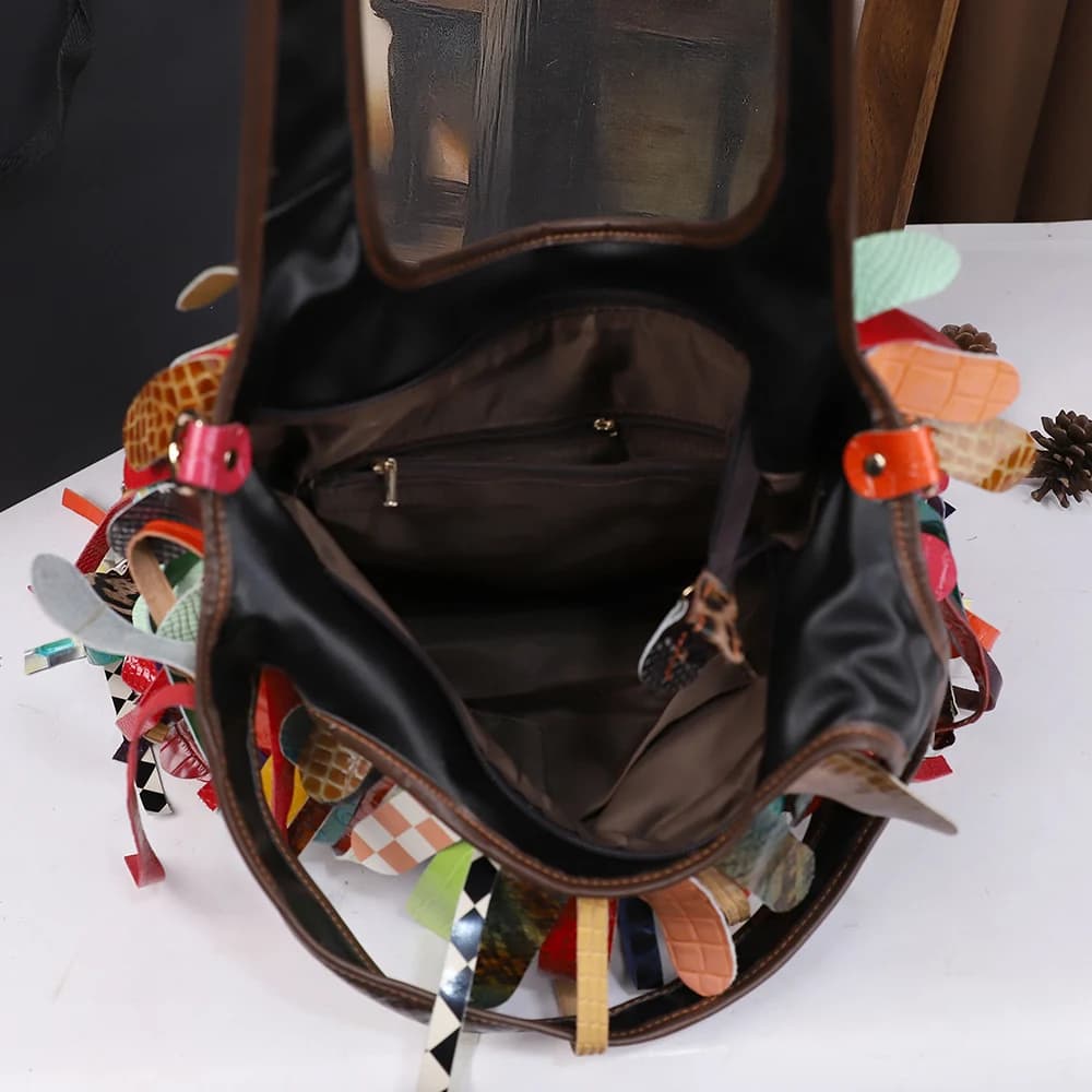 Sac à main en cuir véritable à franges pour femmes, fabriqué à la main, blocage de couleur, grande c