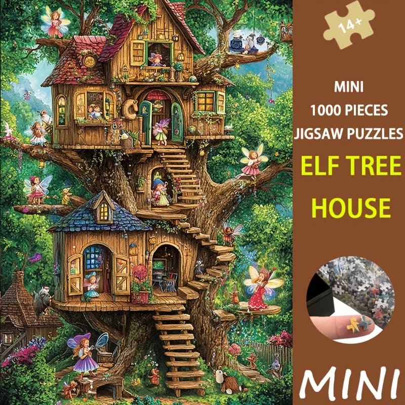 Mini taille Puzzle 1000 pièces Elf Tree House Art, 38x26cm, chalet d'hiver magique pour la décoratio