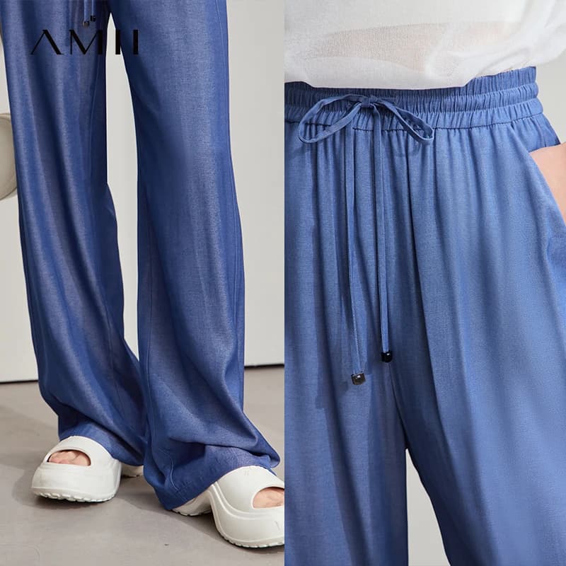 AMII décontracté pantalons d'été femmes 2025 nouveau solide cordon taille élastique ample droit Long