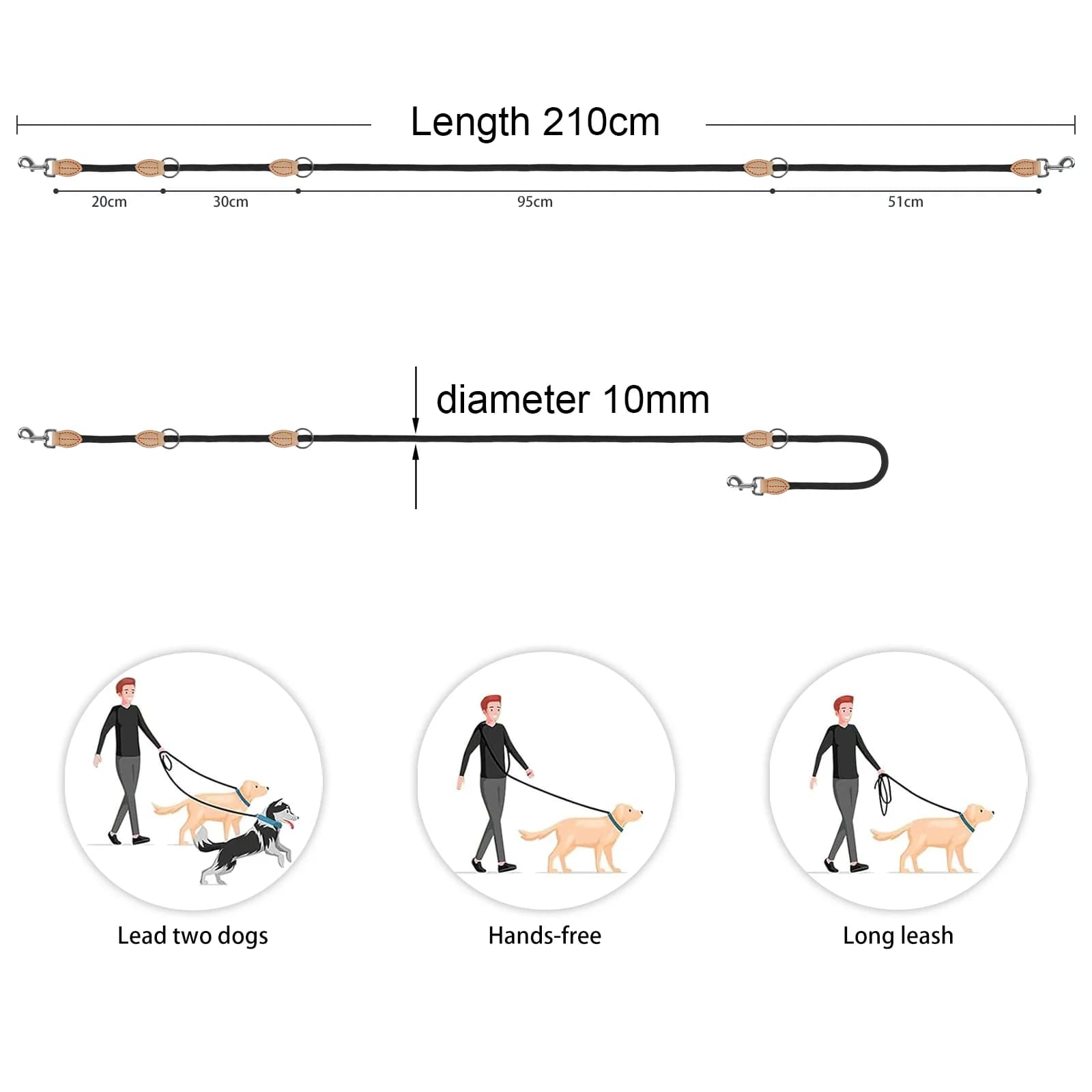 Laisses doubles polyvalentes pour chiens de taille moyenne, 210cm, réglables et en Nylon, mains libr