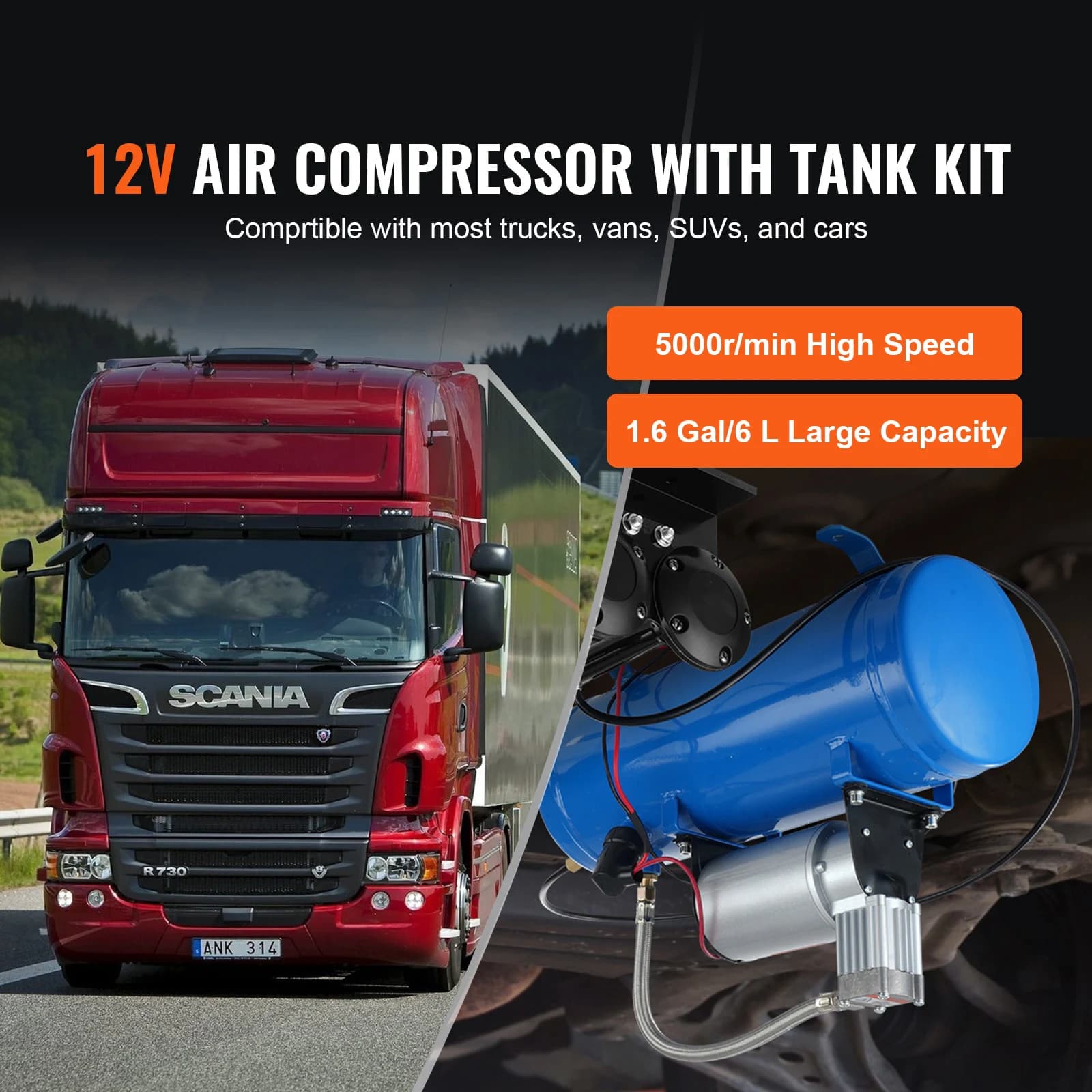 SucceBuy Compresseur d'air 12 V avec réservoir 1,6 gallons/6 L 120 psi Système de compresseur d'air 
