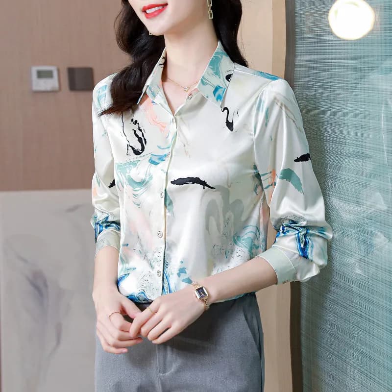 Chemise élégante en Satin de soie pour femmes, chemisier à manches longues, imprimé Floral, hauts de