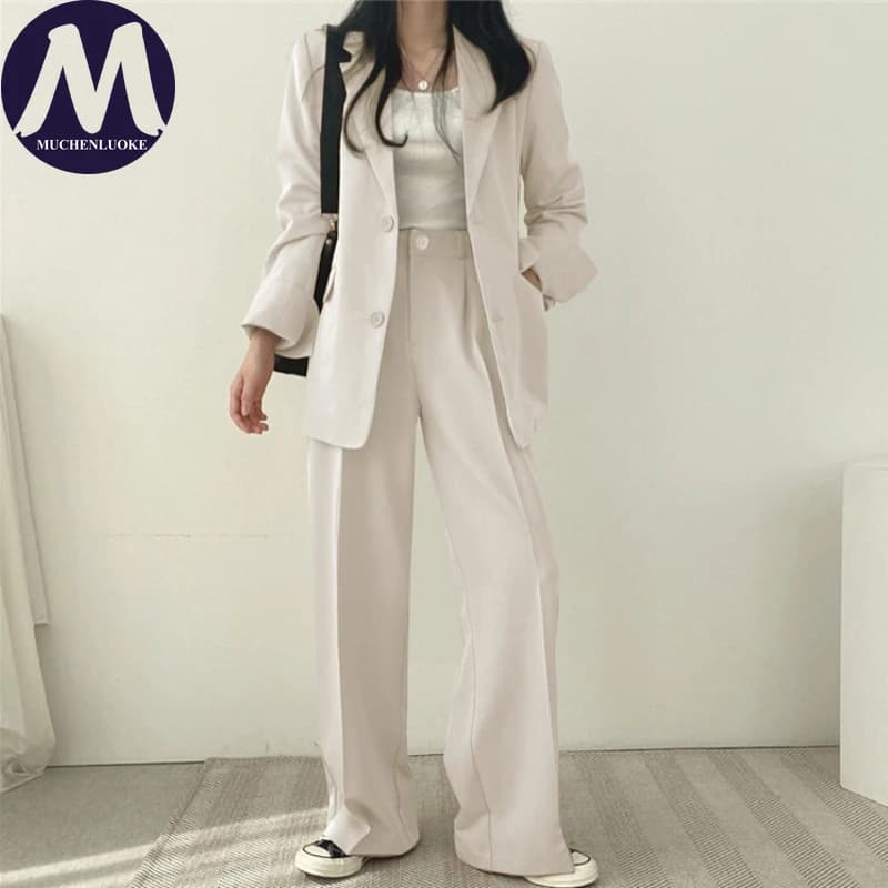 Ensemble deux pièces pour femmes, mode coréenne, blazer à manches longues et pantalon large, décontr