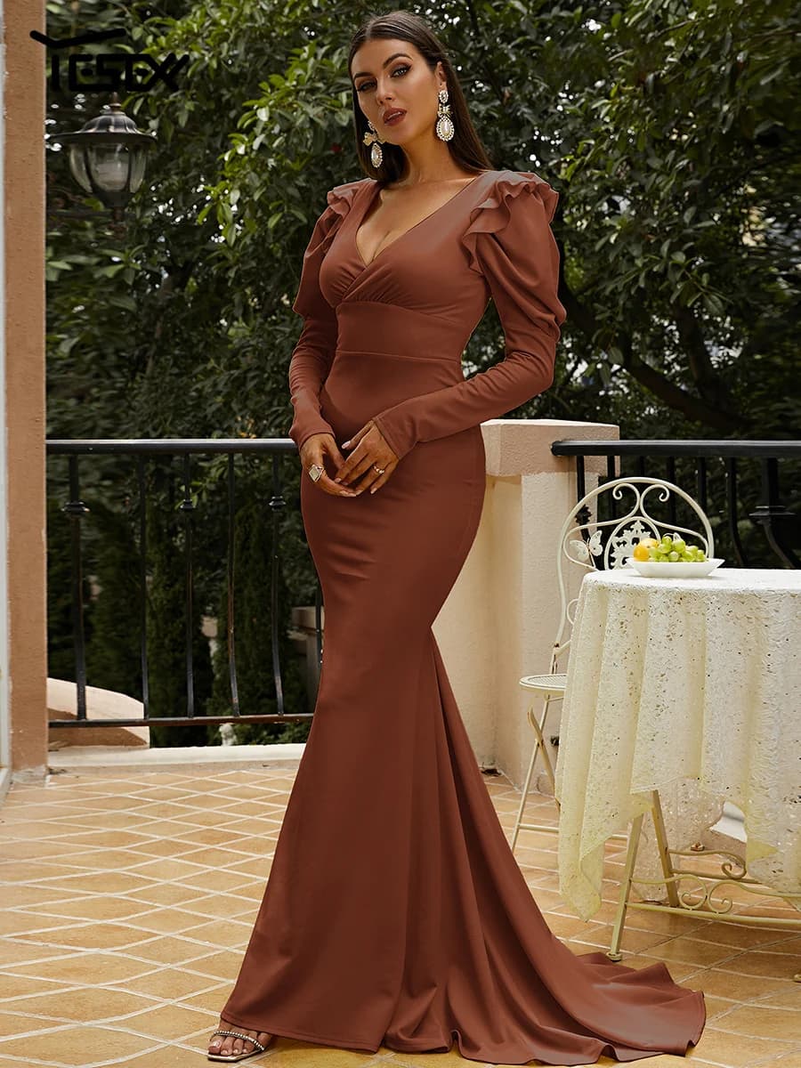 Yesexy-Robe de Rhsirène marron pour femme, manches longues bouffantes, tendance estivale, 2023