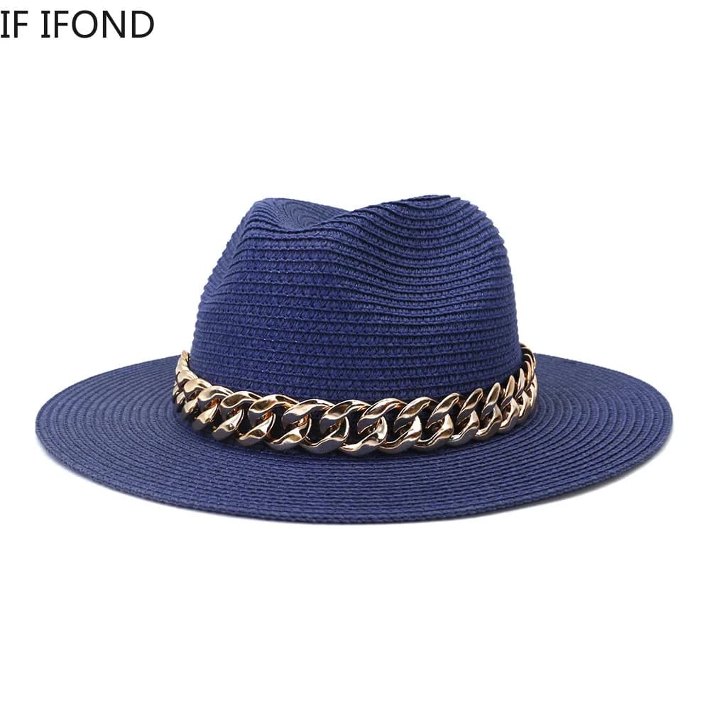 Chapeaux de paille pour femmes, chaîne en or, ceinture, Panama, pour la plage, respirants, élégants,