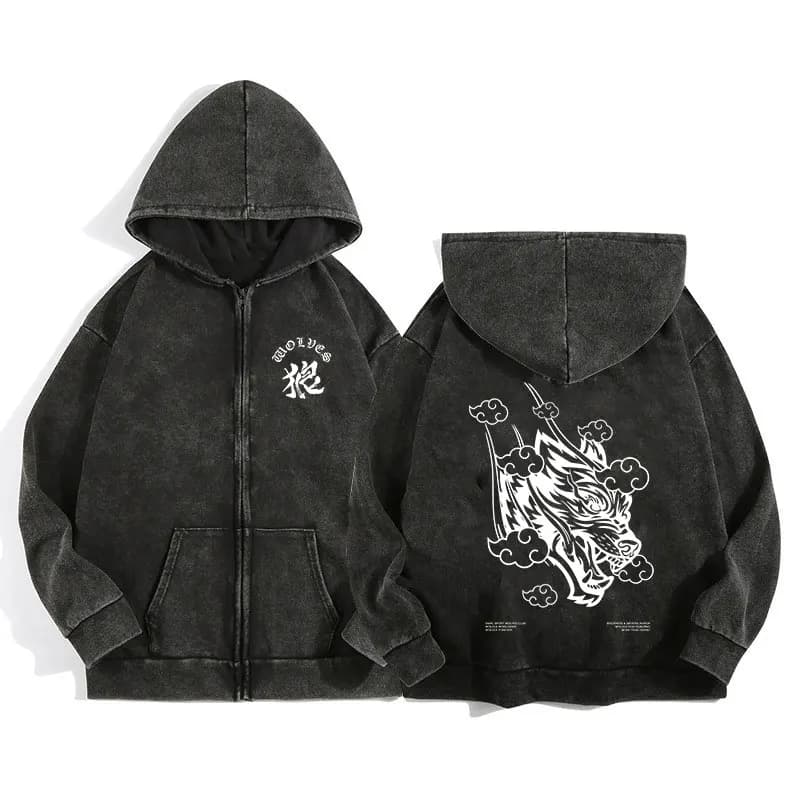 Darc Wolves Sport sweat à capuche zippé pour hommes femmes coton imprimé gothique Harajuku veste swe