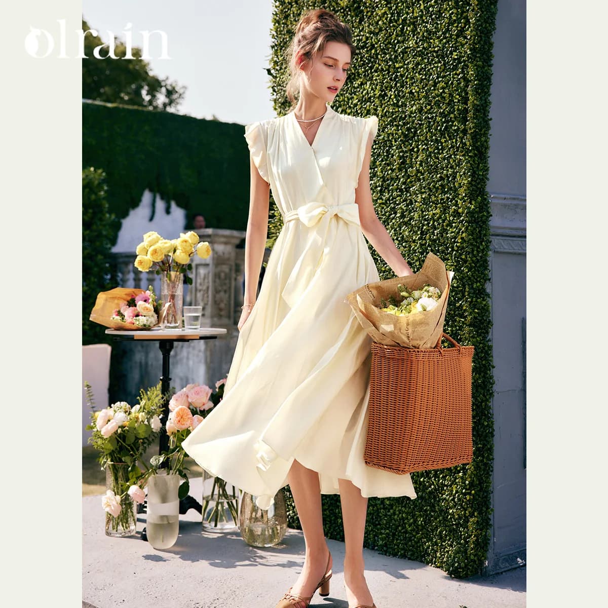 Robe longue élégante OLrain pour femme, collection été 2026, tendance, col en V, manches volantes, i