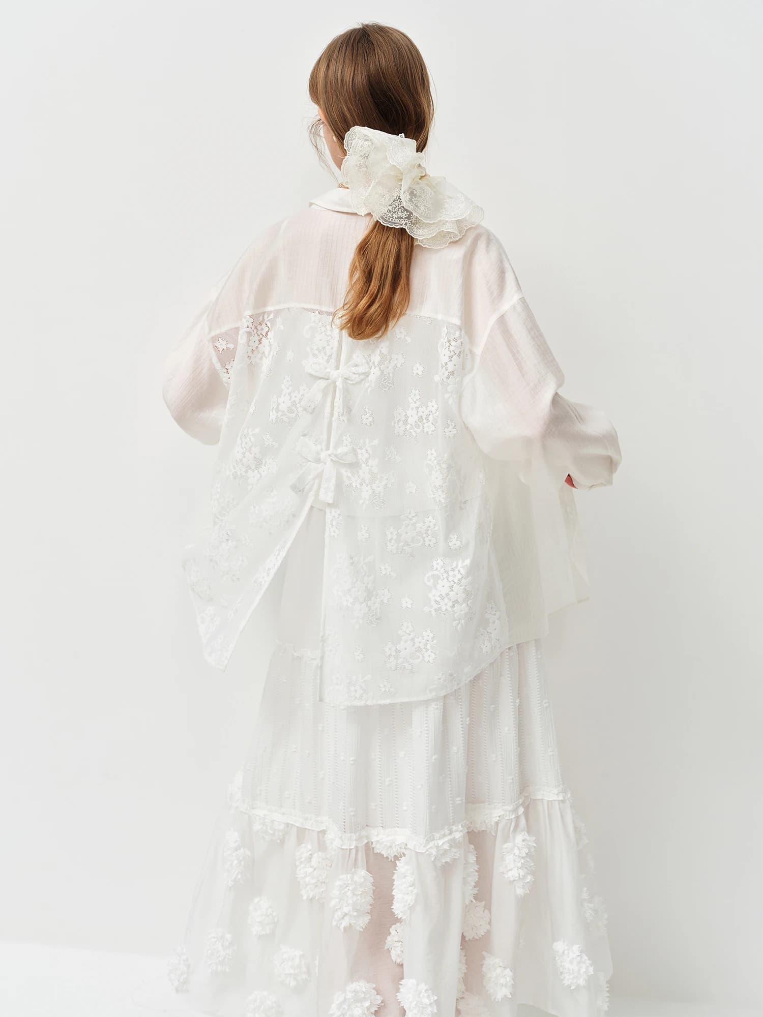 Chemisier blanc à nœud et dentelle pour femme FSLE 2026, col en V, manches courtes, chemise de créat