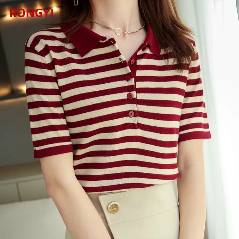 Leardean I-T-shirt à manches courtes pour femme, 100% coton, col polo, haut rayé et fin, printemps e