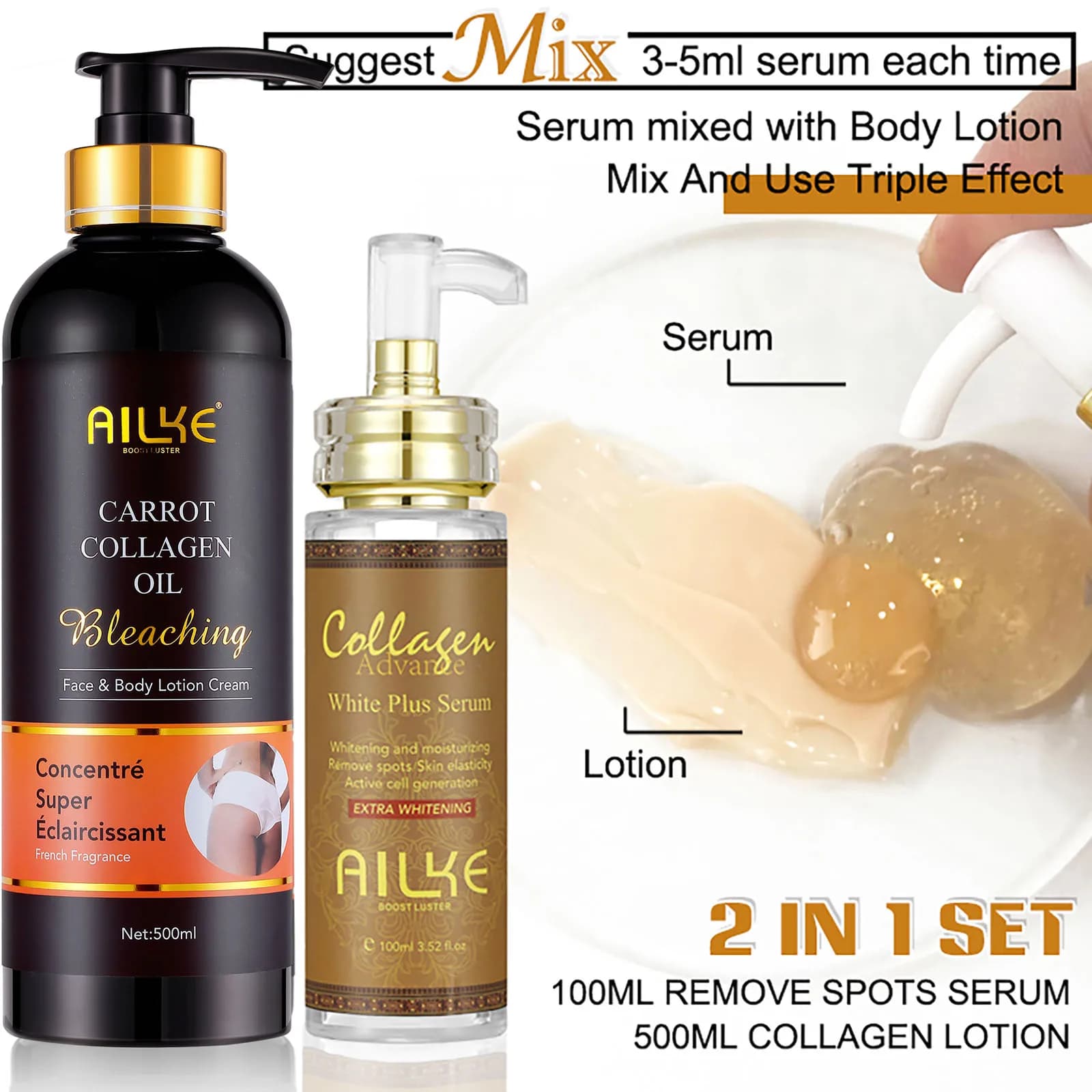 Lotion corporelle éclaircissante et hydratante AILKE, pour peaux foncées et noires, avec collagène, 