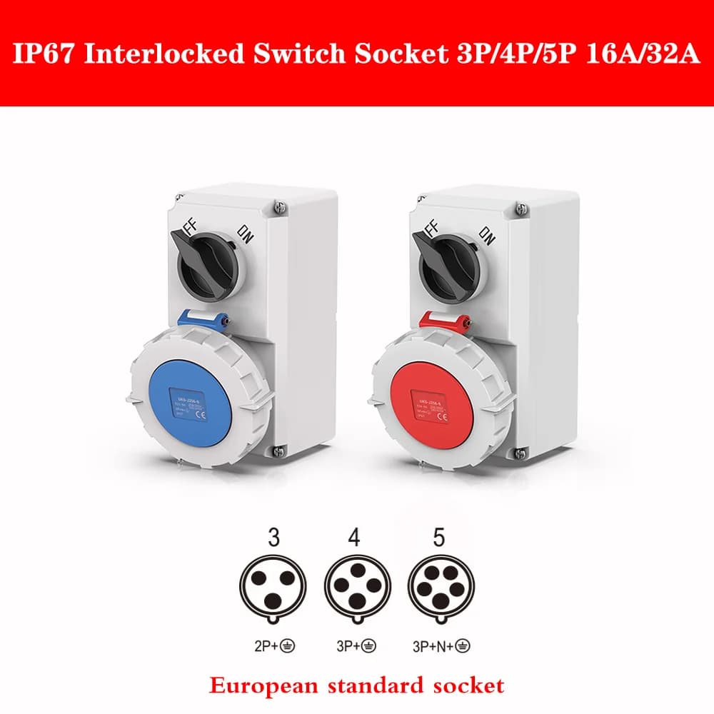 Prise CEE étanche 3 broches 32a, combinaison de sortie commutée avec Protection de Circuit, prise de