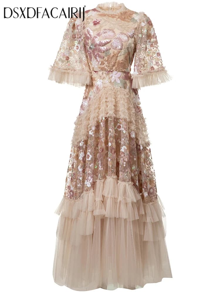 DSXDFACAIRIJ femmes paillettes fleur broderie col rond manches évasées à volants Vintage robe de bal