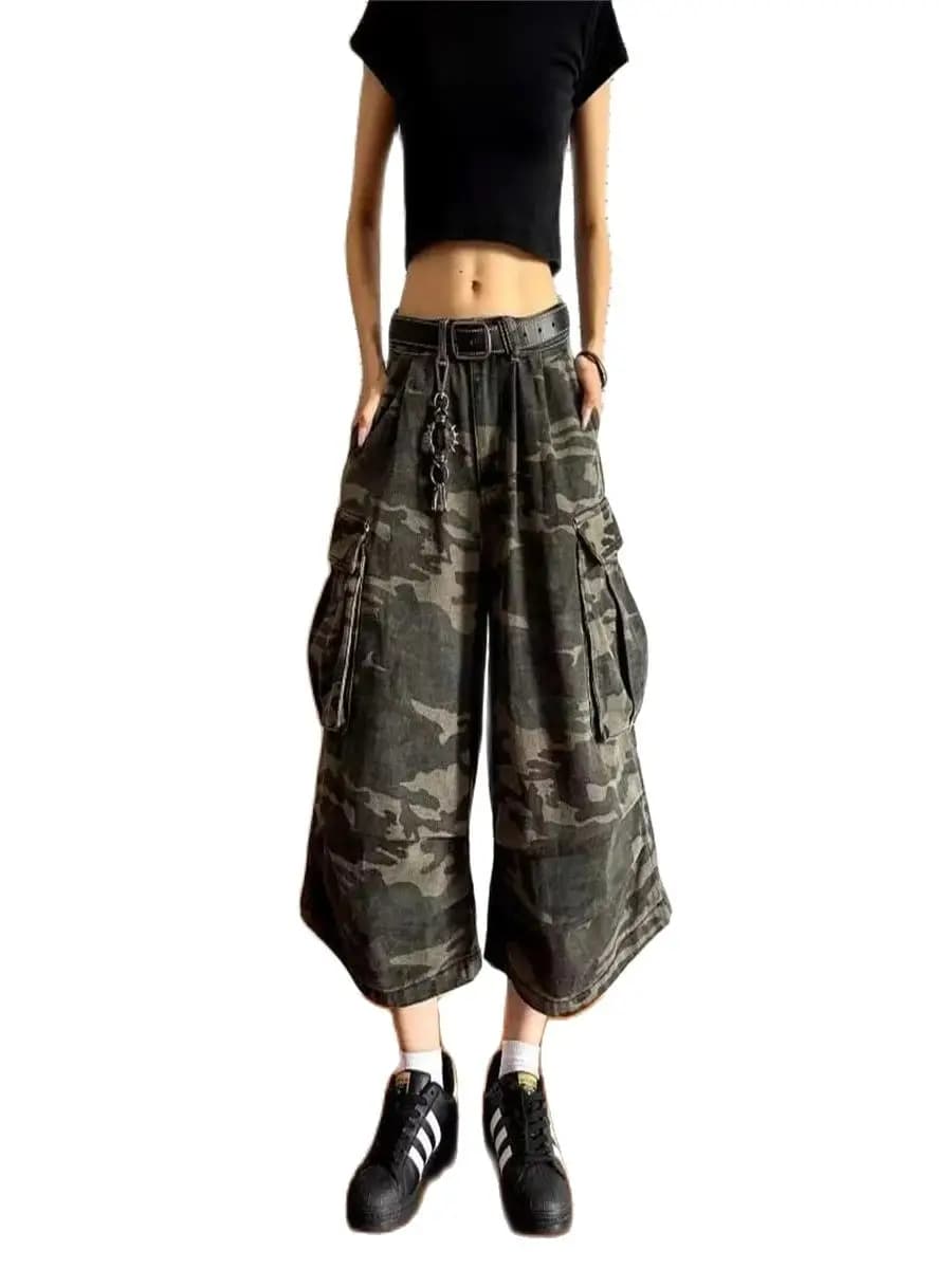 Style américain denim vintage couteau incurvé style pantalon court en détresse camouflage pantalon d