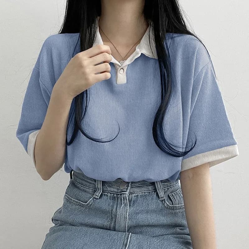 Printemps été automne décontracté Polo T-Shirt femme pull mode femmes Blouse Simple Style Preppy étu
