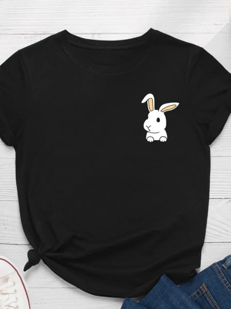 Poche lapin imprimer femmes t-shirt à manches courtes col rond lâche femmes t-shirt dames t-shirt ha
