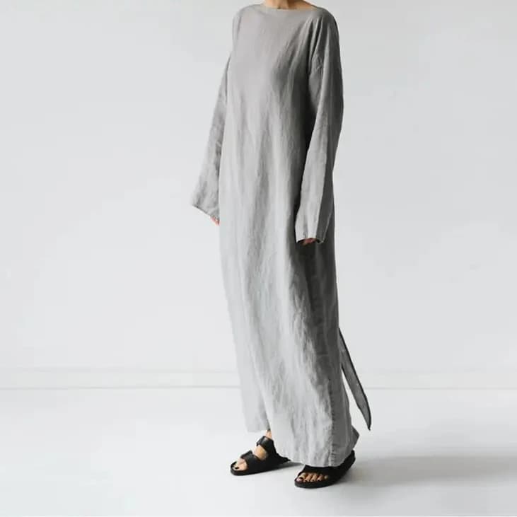 Robe longue décontractée en coton pour femmes, col rond, manches longues, gris uni, plis de document