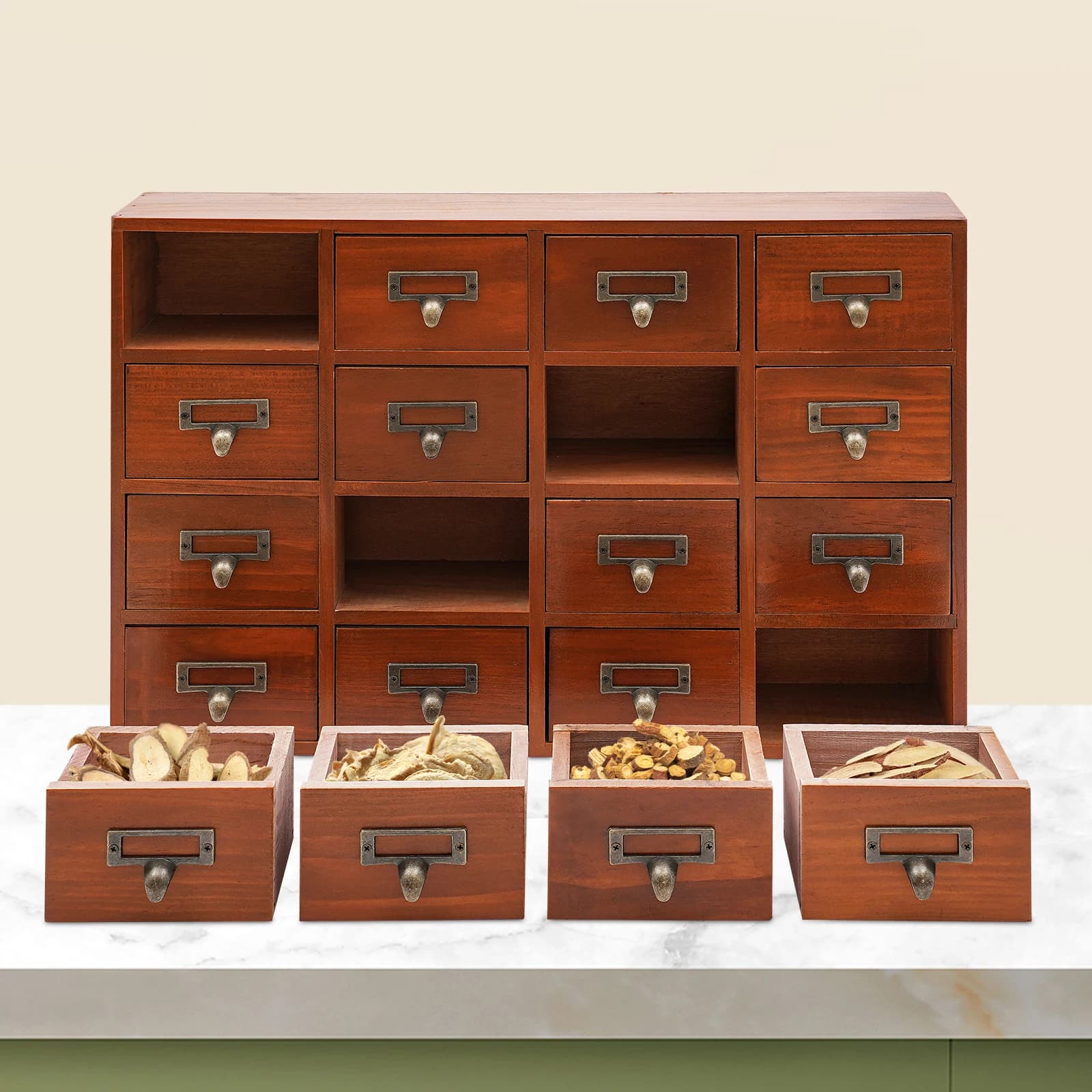 Grande boîte de rangement multifonctionnelle en bois à 16 tiroirs |   Armoire d'apothicaire vintage 