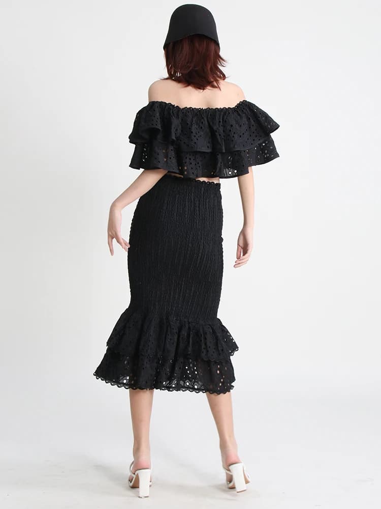 TWOTWurea-Ensemble deux pièces YLE pour femme, jupe mi-longue taille haute, col oblique, court, mode