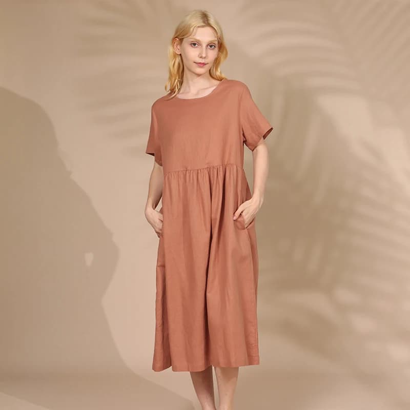 Robe d'été en coton et lin pour femme, vintage, manches courtes, décontractée, dos bandage, Harajuku