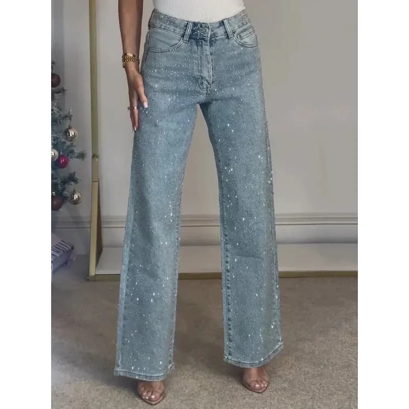 2025 femmes jean droit diamants pantalon Stretch taille haute lavé maman jean Y2k Streetwear pantalo