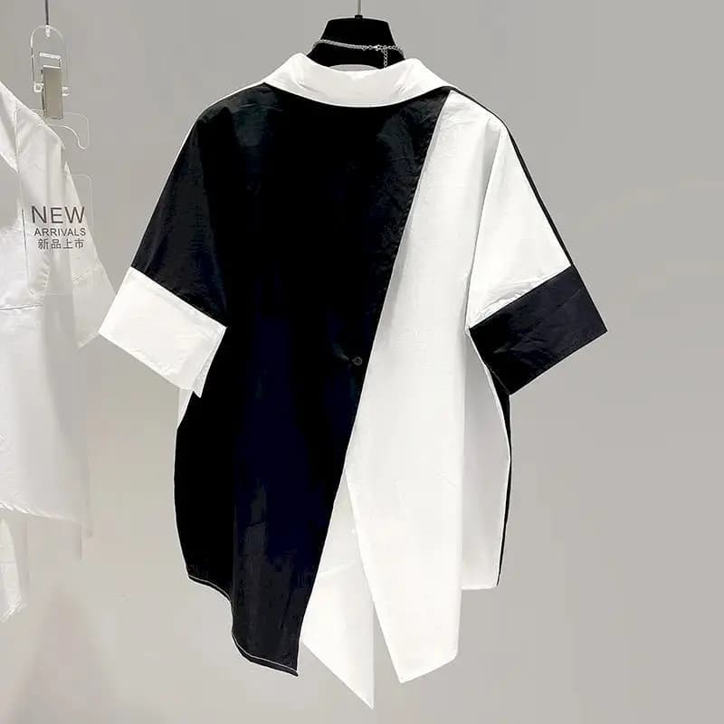 Chemise Patchwork à Manches Courtes pour Femme, Design Irrégulier, Chic, à la Mode, Tendance d'Été, 