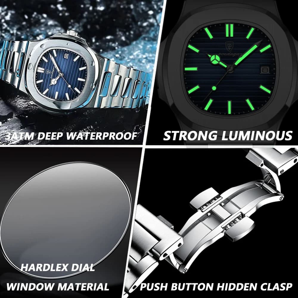 POEDAGAR mode carré Quartz homme horloge étanche lumineux Date montres en acier inoxydable pour homm