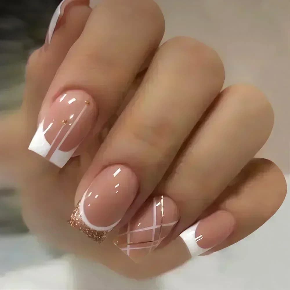 Faux ongles carrés courts en forme de cercueil, 24 pièces, avec colle, paillettes françaises, ensemb