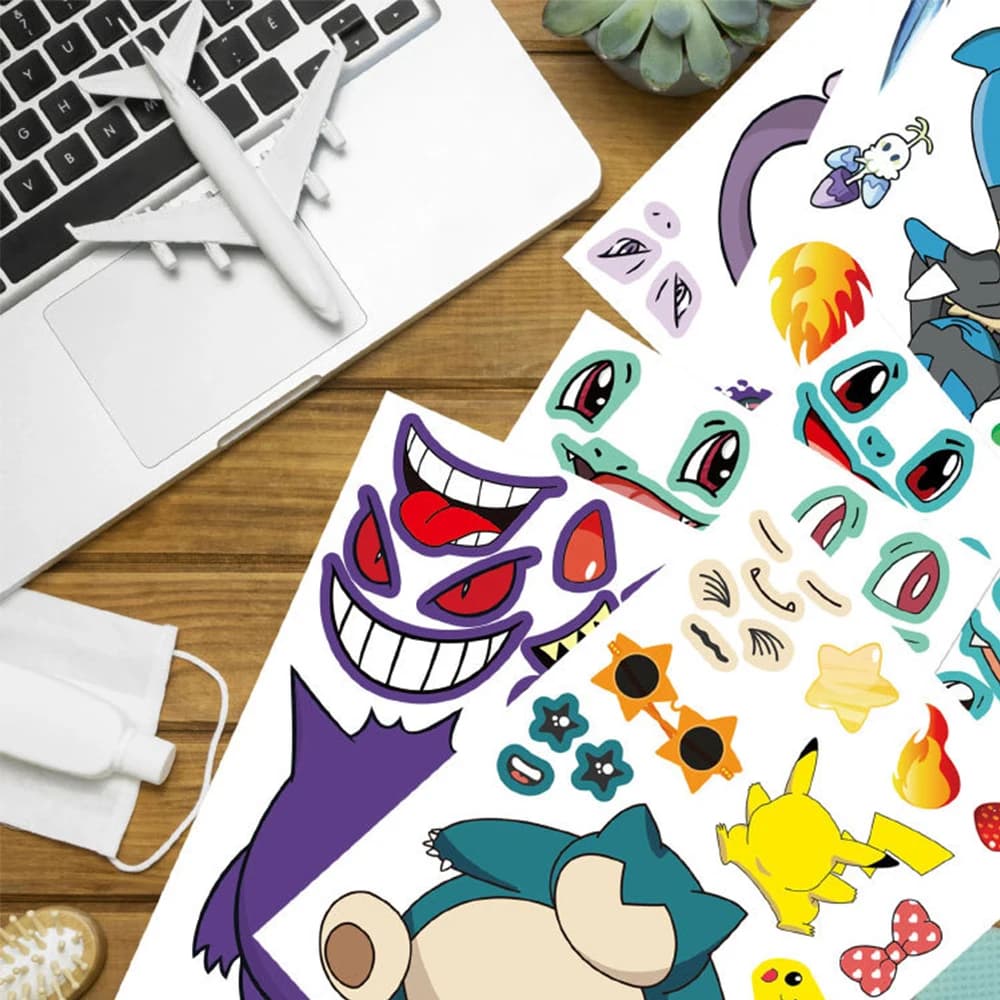 6/12 feuilles mignon Pokemon Puzzle Anime autocollants bricolage faire un visage assembler drôle des