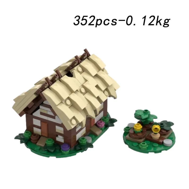Maison de campagne médiévale, style conte de fées, scène de jardin, jouet original en blocs de const