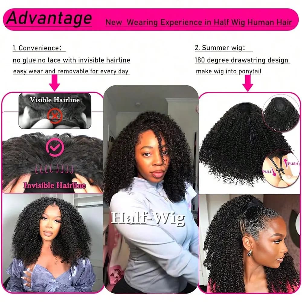Jerry bouclés demi perruque cheveux humains sans couture crépus bouclés 3 en 1 demi perruque sans co