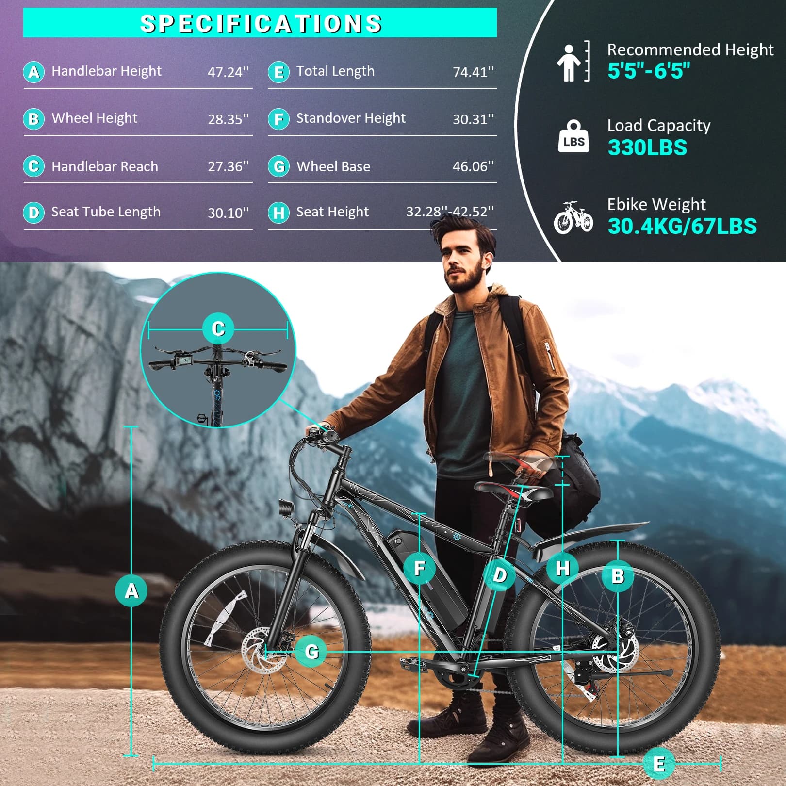 Vélo électrique Vivi F26FUL 26" x 4.0 Fat Tire avec moteur 500W, batterie amovible 48V 13Ah, 7 vites