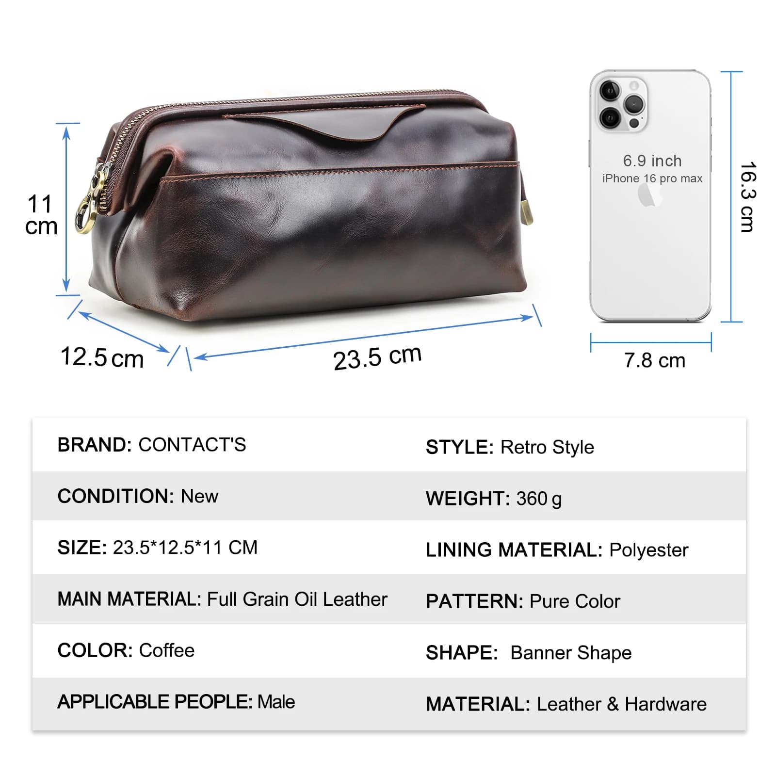 CONTACT'S sacs de rangement de câbles en cuir véritable pour hommes pochette de câble de voyage poch