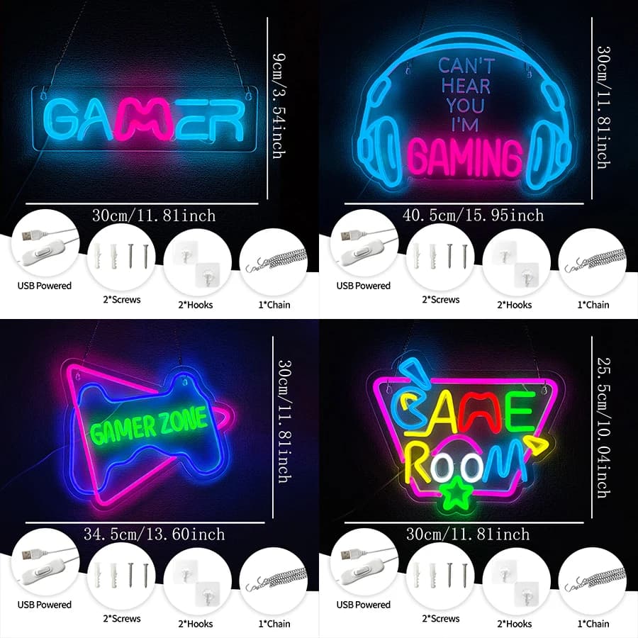 Enseigne au néon Gamer pour décoration murale de chambre, panneaux de jeu au néon LED USB pour chamb