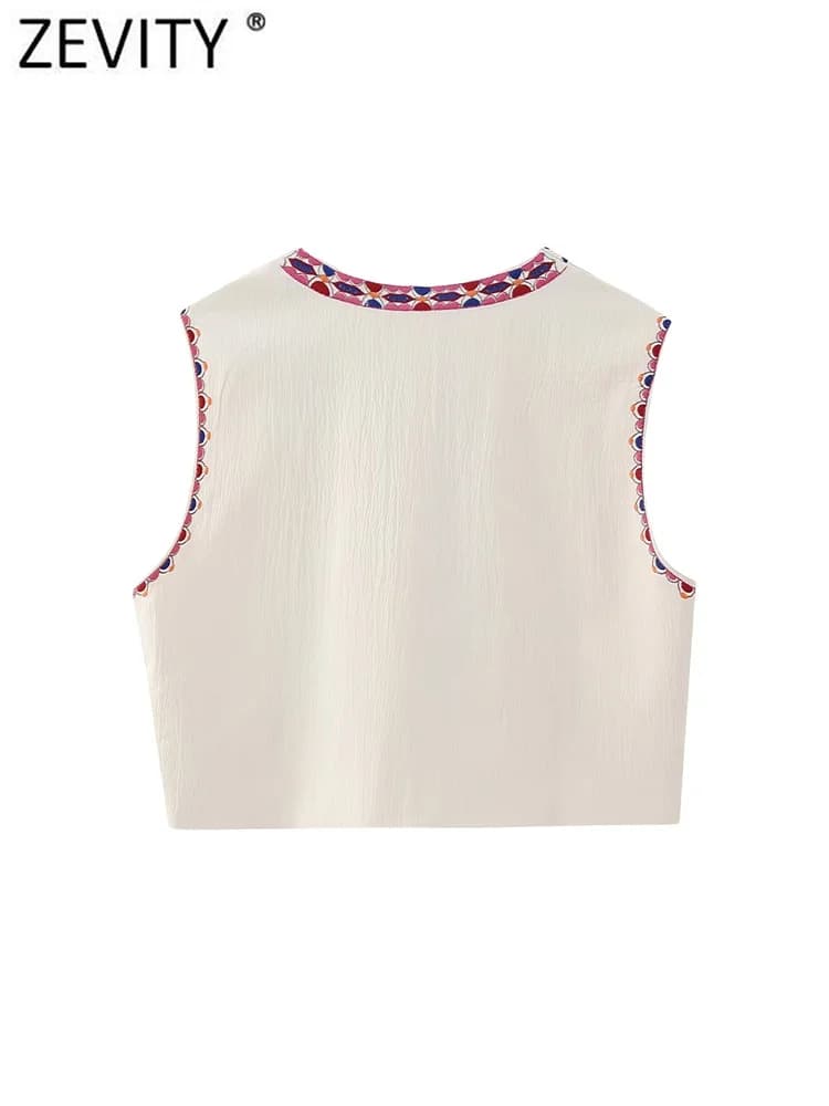 Zevity-Veste Brodée Florale Courte pour Femme, Gilet Décontracté, Style National, Fibre Position, Da