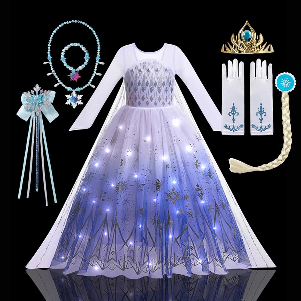 Costume de reine des neiges lumineux à LED pour enfants, Elsa, fête d'anniversaire, princesse de lux