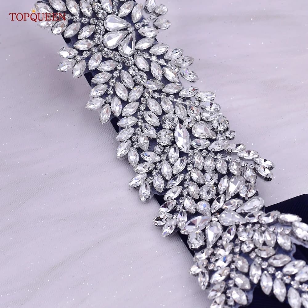 TOPQUEEN S420-B femmes noir mode élastique larges ceintures argent strass à la main perlé ceinture r