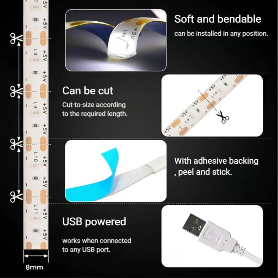 Bande lumineuse LED 5V USB avec interrupteur Décoration Bande étanche pour maison Rétro-éclairage 1M