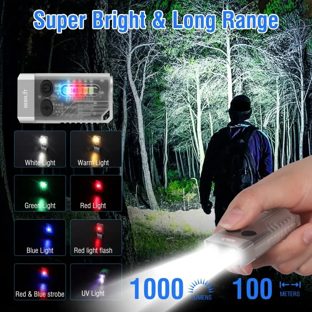 BORUiT V10 1000LM UV LED EDC porte-clés lampe de poche type-c Rechargeable 1000mAh lampe de travail 
